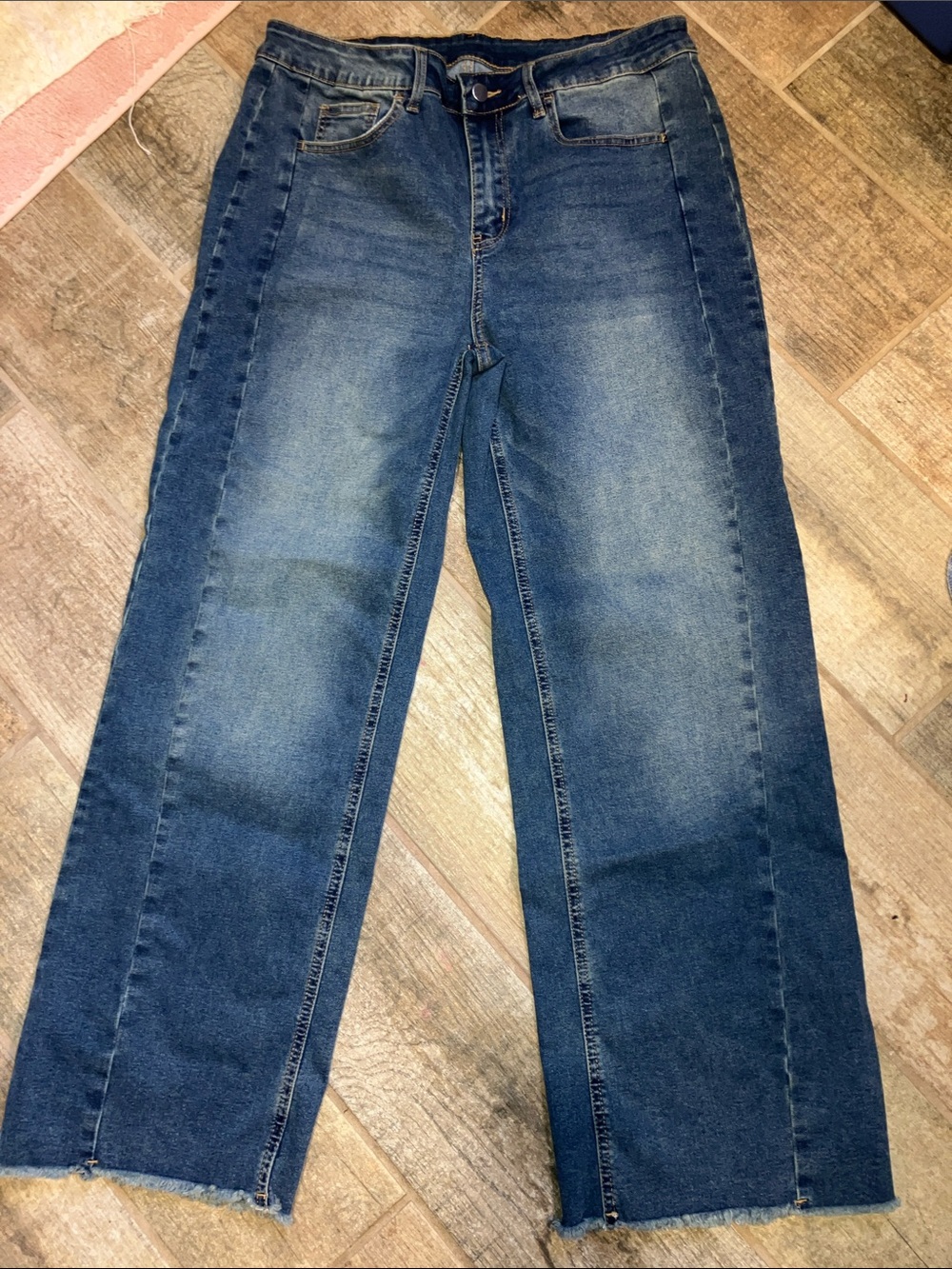 SIDEFEEL WOMENS RAW HEM WIDE LEG MESIUM WASH JEANS
